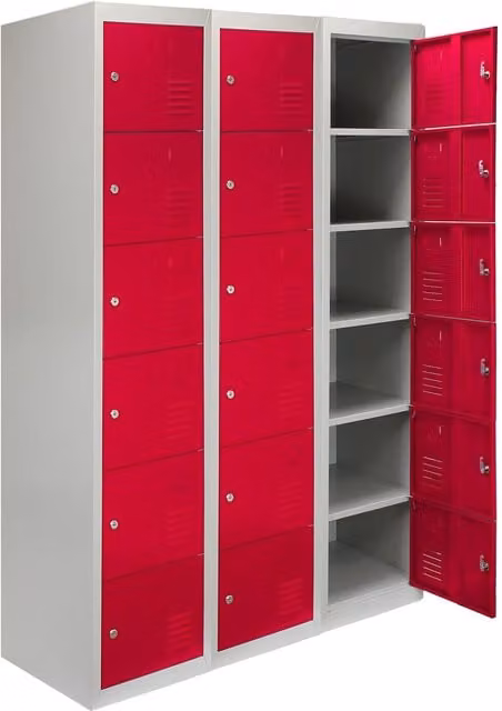 Monster Shop Set of 3 Red Metal Storage Lockers with Six Hinged Doors, H 180 x W 45 x D 38 cm