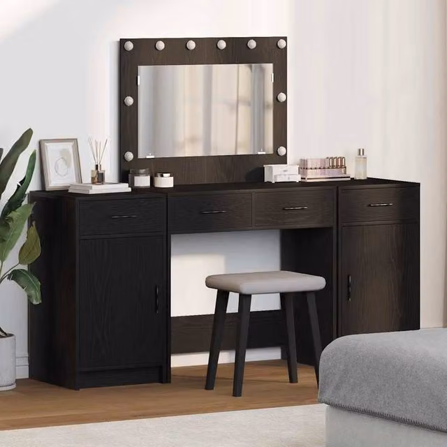 Berkfield Home 3-Piece Hollywood LED Dressing Table Set in Black Matt MDF – 1