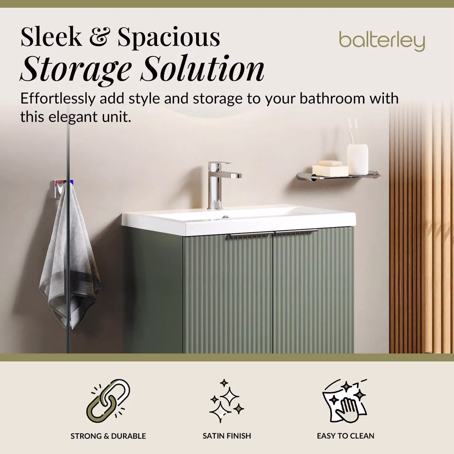 Balterley Fluted Front Floor Standing 2 Door Vanity Basin Unit in Satin Green, W: 60.0 cm, H: 85.0 cm – 2
