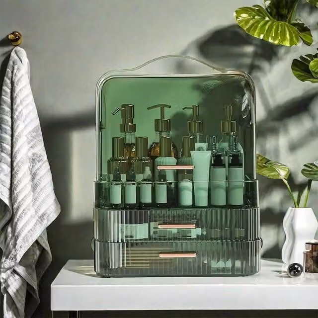 VOGREX Green Transparent Large Dustproof Makeup Organiser with Drawers, W: 34.7 cm, D: 18.2 cm, H: 26.5 cm – 1