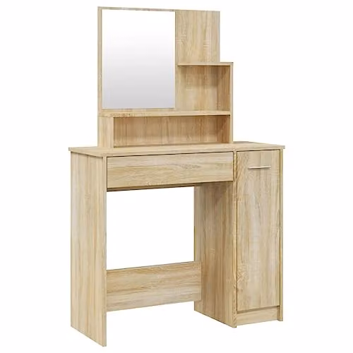 vidaXL Dressing Table with Mirror in Sonoma Oak, W: 86.5 cm, D: 35 cm, H: 136 cm