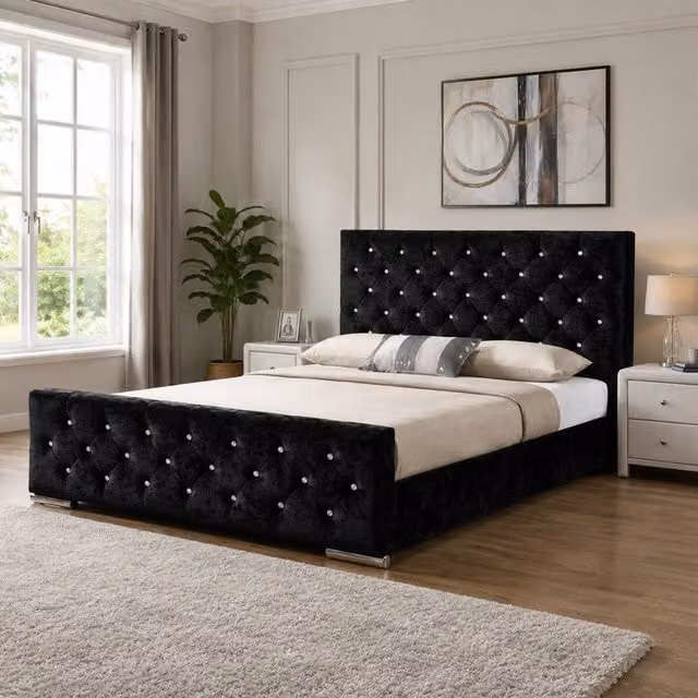 Stratus Interiors Florida Diamond Pattern Upholstered Plush Velvet Gas Lift Storage Bed in Black, Small Double (W/D/H: 120 x 200 cm) – 1