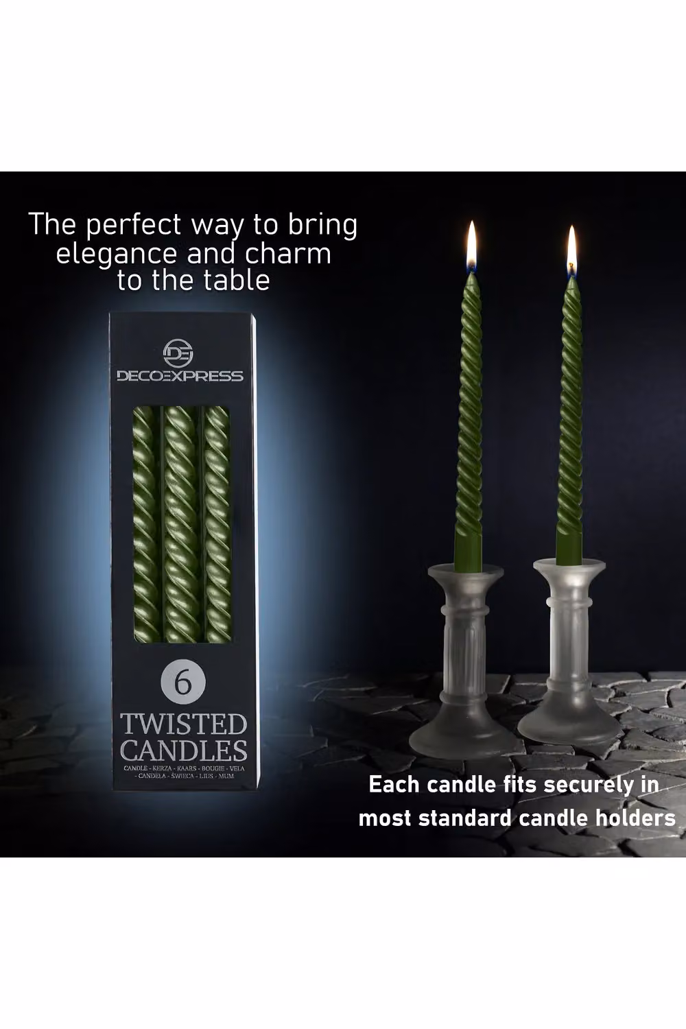 Deco Express Pack of 6 Dark Green Spiral Twisted Candles – 3