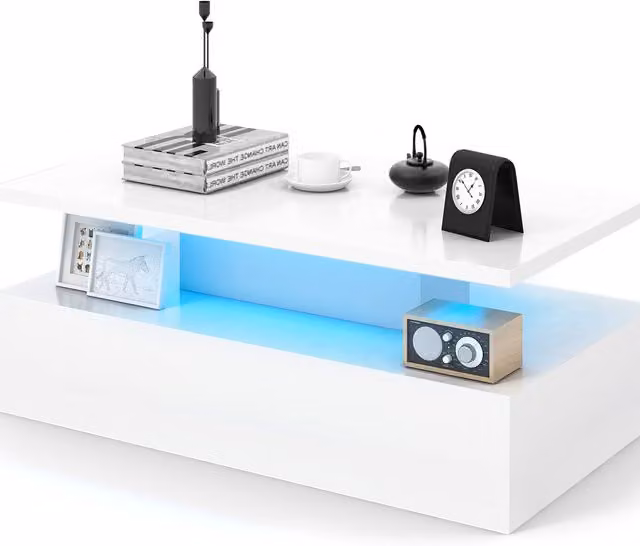 COSTWAY Modern Glossy White LED Coffee Table
