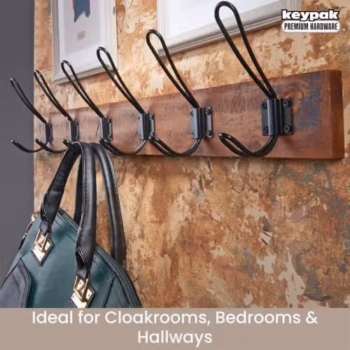 keypak Rustic Wall Mounted Coat Rack with 6 Double Wire Hooks on Brown Wooden Base and Black Metal Accents – 3