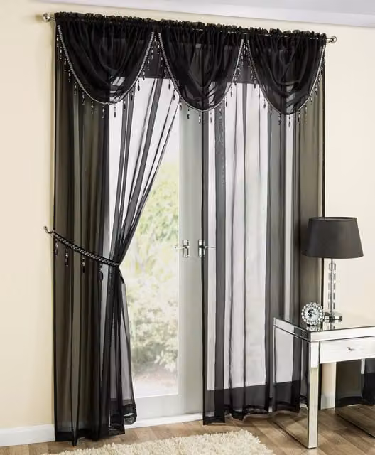 Terrys Black Transparent Plain Fabric Panel Voile Curtain with Rod Pocket