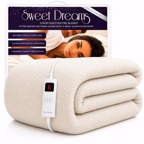 Sweet Dreams Single Size White Fleece Electric Heated Mattress Cover with Digital Control and Overheat Protection, W/D/H: 90 x 200 cm