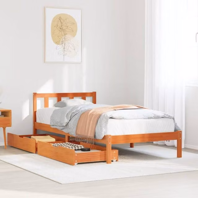 Berkfield Home Rustic Solid Wood Pine Bed Frame with Drawers, Wax Brown, W/D/H: 100 x 200 cm