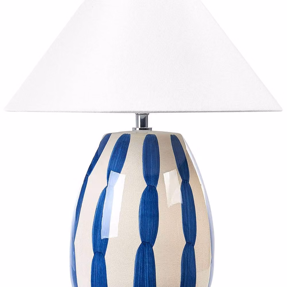 Wyld and Coco Ceramic Table Lamp with Cone Fabric Shade in Beige, Blue and White, H 43 cm x W 35 cm x D 35 cm – 2