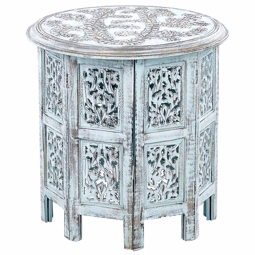 Wyld and Coco Mango Wood Round Side Table in Distressed Blue – 2