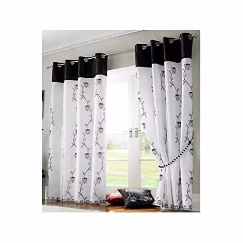 Tahiti Black Floral Embroidered Lined Voile Eyelet Curtains, W: 140 cm, H: 225 cm – 1