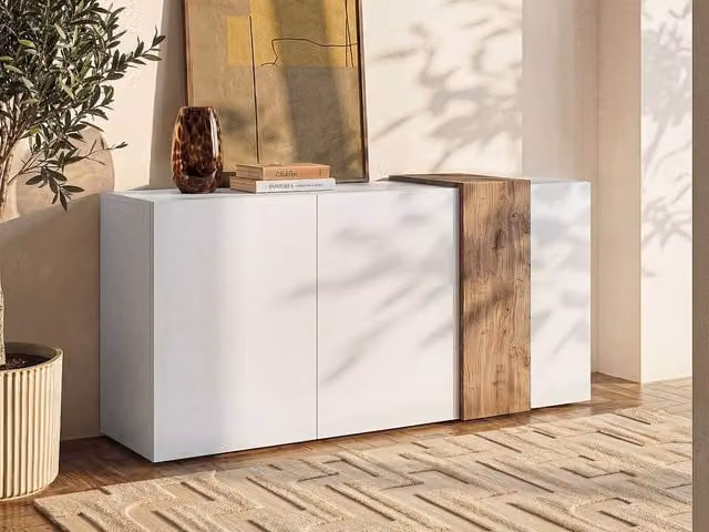 Vente-unique CAYNO 3-Door Buffet in White and Light Oak – 1