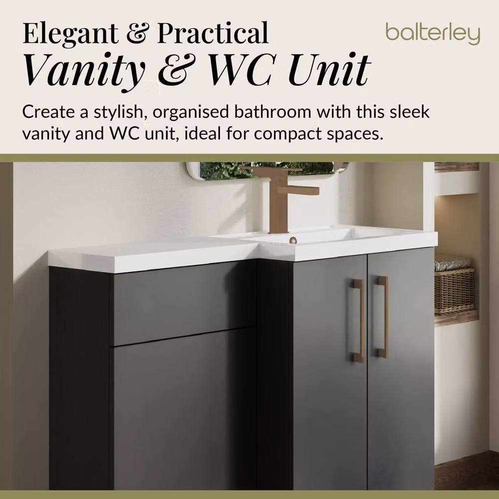 Balterley Modern Grey Right-Hand Vanity and WC Unit Combination with Brushed Bronze Details, W: 110 cm, H: 84 cm – 3