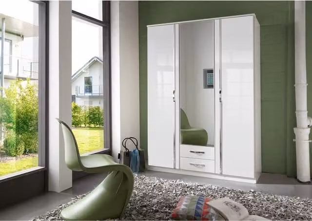 TJS Trio Modern Freestanding Wardrobe with 4 Doors and 2 Drawers in Gloss and Matt White, Width: 135 cm
