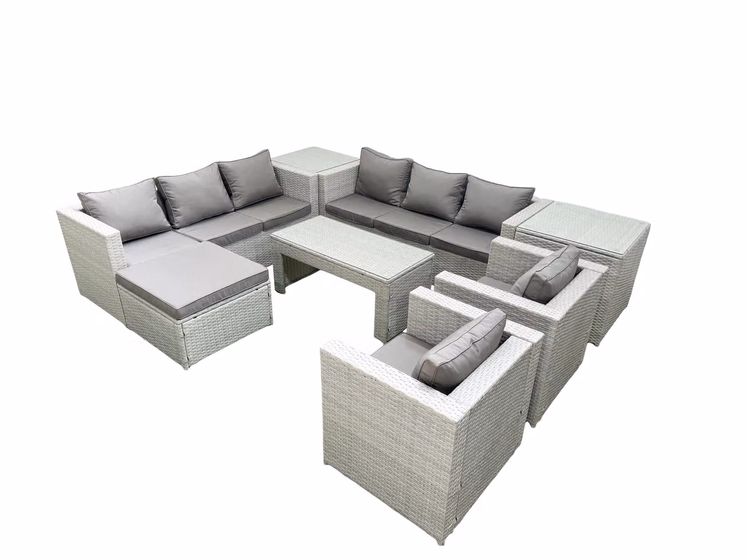 Fimous Rattan Outdoor Garden Furniture Set in Light Grey with U-Shape Sofa, 2 Armchairs, Oblong Coffee Table, Ottoman and 2 Side Tables – 2