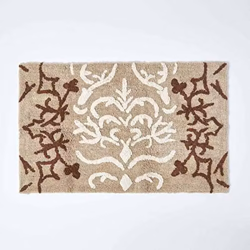 HOMESCAPES Damask Cotton Bathmat, Beige, W: 80 cm, D: 50 cm