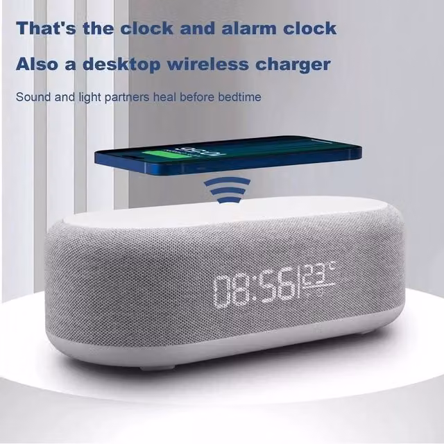 NESTLUNE 6-in-1 Digital Alarm Clock and Bluetooth Speaker with 15W Output, Grey, W: 100 cm, H: 15 cm – 1