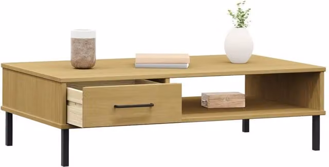Berkfield Home Oslo Coffee Table in Brown Solid Pine Wood with Metal Legs – 1