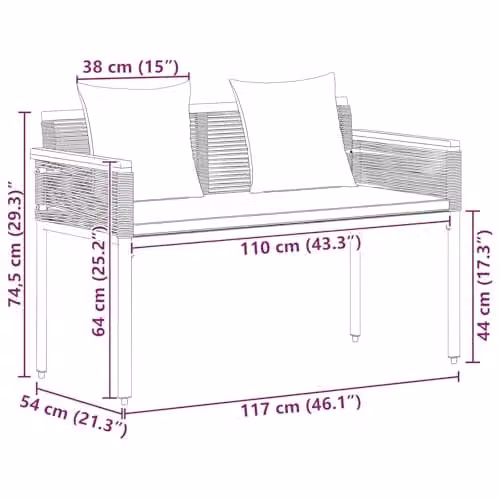vidaXL 2-Seater Outdoor Bench in Black Poly Rattan with Armrests, W: 117 cm, D: 54 cm, H: 74.5 cm – 3