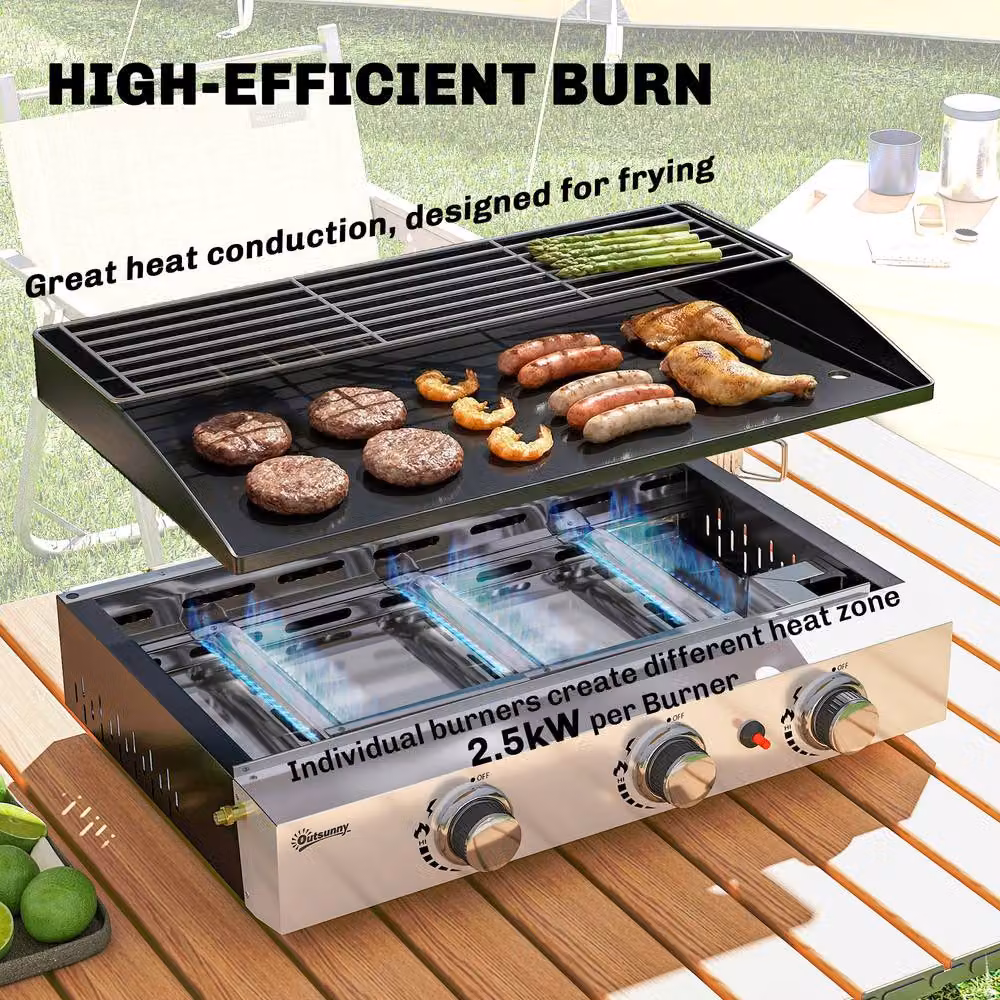 OUTSUNNY 3 Burner Tabletop Gas BBQ Grill Griddle with Warming Rack, Black – 4