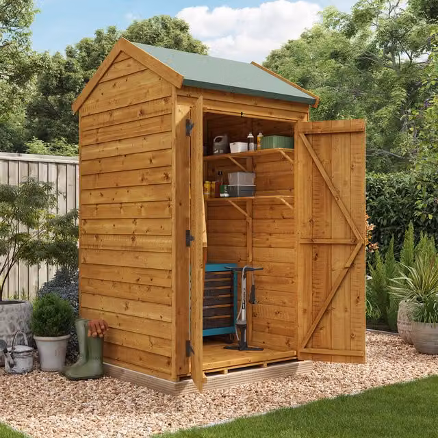 BillyOh Switch Overlap Apex Wooden Garden Shed in Brown with Double Doors and Gable Roof