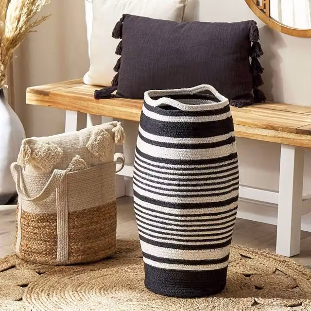 Wyld and Coco Cotton Braided Storage Basket with Handles in White and Black