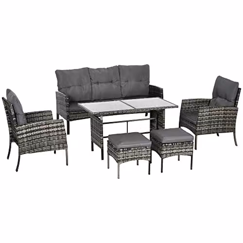 Outsunny 6 Piece Rattan Garden Furniture Set with Cushions in Grey – 7