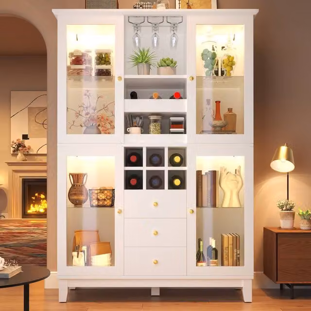 Merax White and Gold Glass Display Cabinet with Integrated Lighting, Bottle Rack, Glass Holders and Internal Drawers, H 180.5 x W 40 x D 40 cm