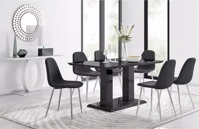 FurnitureboxUK Imperia Black Glossy Glass Dining Table and 6 Corona Silver Leg Chairs Set