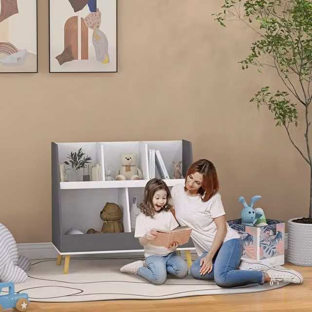 HOMCOM Kids Storage Shelf with 5 Compartments and Anti-Tip Device, Grey