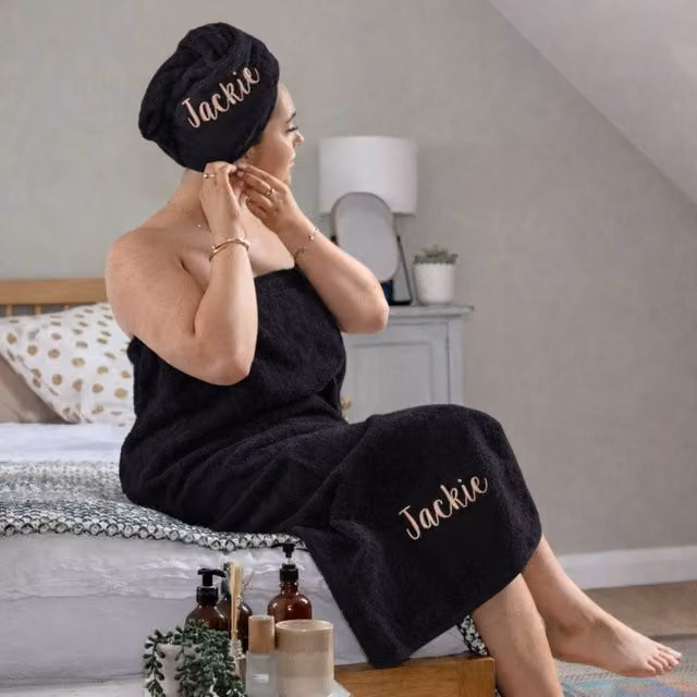 Duncan Stewart Personalised Women's Towelling Sarong and Hair Turban Wrap Set in Black – 4