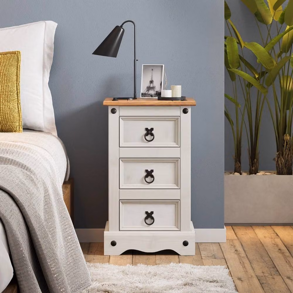 FORGEVIO White Mexican Pine 3 Drawer Narrow Bedside Cabinet – 3