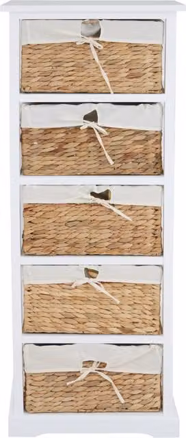 Orsina Modern White 5 Drawer Chest in Acacia Wood and Water Hyacinth