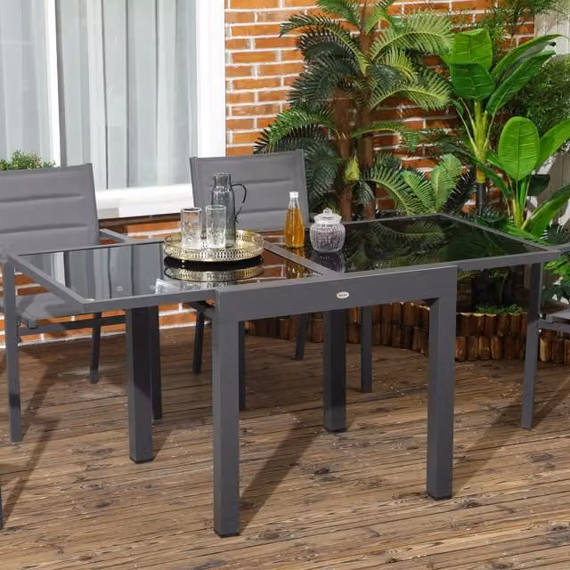 Outsunny Modern Extendable Garden Dining Table with Aluminium and Glass Frame, Black/Anthracite
