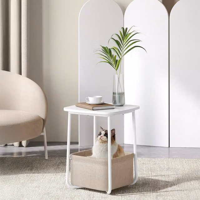 VASAGLE Modern Side Table with Fabric Basket in White and Brown