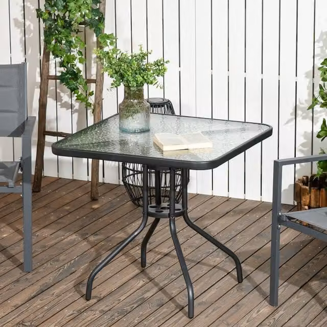 OUTSUNNY Square Glass Top Patio Dining Table in Black, W/D: 76 x 76 cm