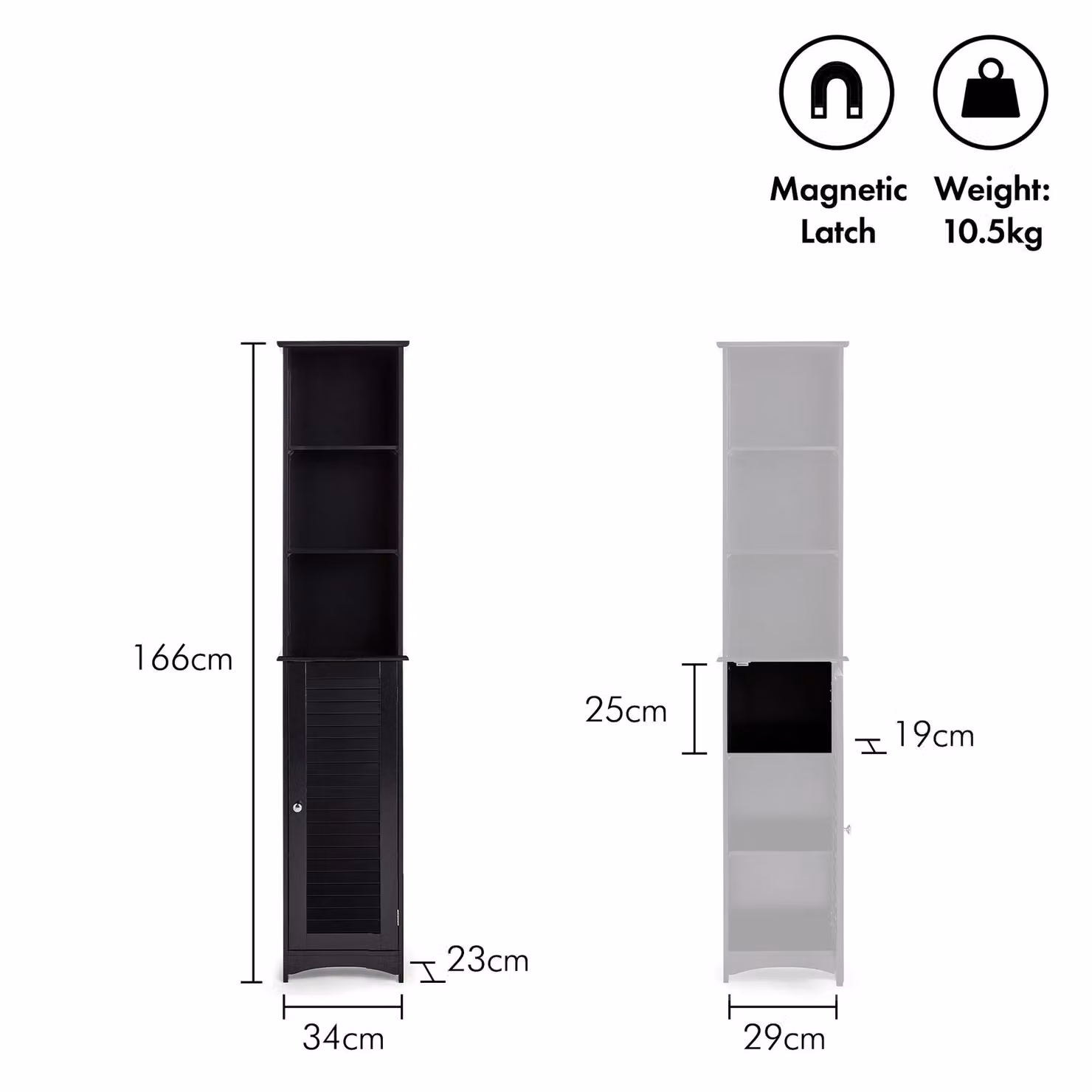 VonHaus Freestanding Tall Bathroom Cabinet in Black with Internal Shelves, H 165 x W 34 x D 23 cm – 6