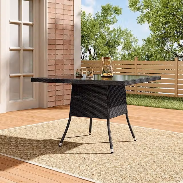 Livingandhome Black Rattan and Glass Garden Coffee Table with Metal Frame