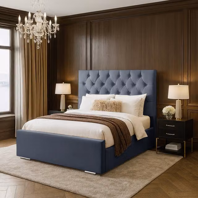 Desire Deco Lea Upholstered Velvet Bed Frame in Grey, W/D/H: 180 x 200 cm
