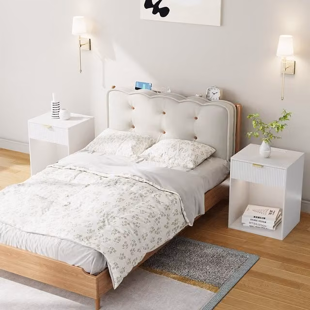 Livingandhome Set of 2 Modern White and Gold Bedside Tables with Integrated RGB LED Lighting and Charging Station