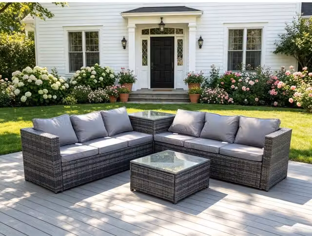 Fimous Dark Mixed Grey Outdoor Rattan Garden Furniture Set with Corner Sofa and 2 Tables – 2