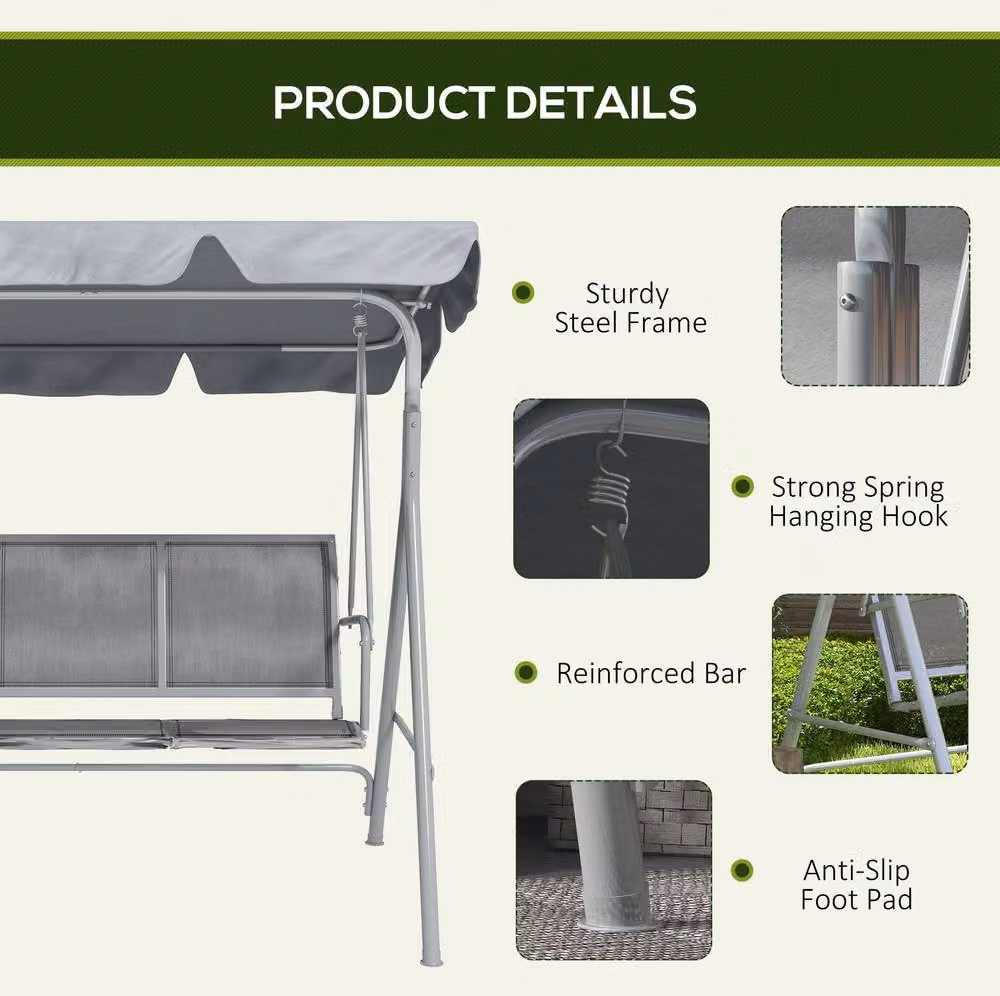 STILVORA 3-Seater Modern Garden Swing Chair with Adjustable Sun Canopy in Grey – 4