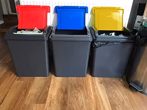 Wham Recycle It Set of 3 Flip Lid Plastic Bins, 50 Litre, Red, Grey, Green and Yellow – 6
