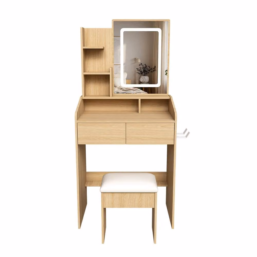 AKI HAUS Brown 2-Drawer Dressing Table with LED Mirror and Stool – 2