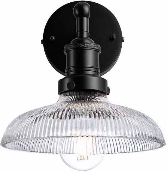 Industville Brooklyn Glass Dome Wall Light, Black and Transparent