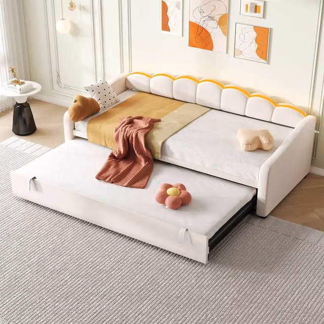 Merax White Velvet Petal Shape Single Daybed with LED Under-Bed Lighting and Pull Out Trundle, W/D/H: 90 x 190 cm – 1