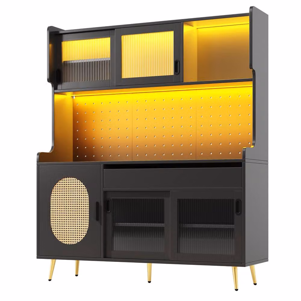 Rolipo Country Style 5-Door Kitchen Buffet Sideboard with Integrated LED Light in Black – 7