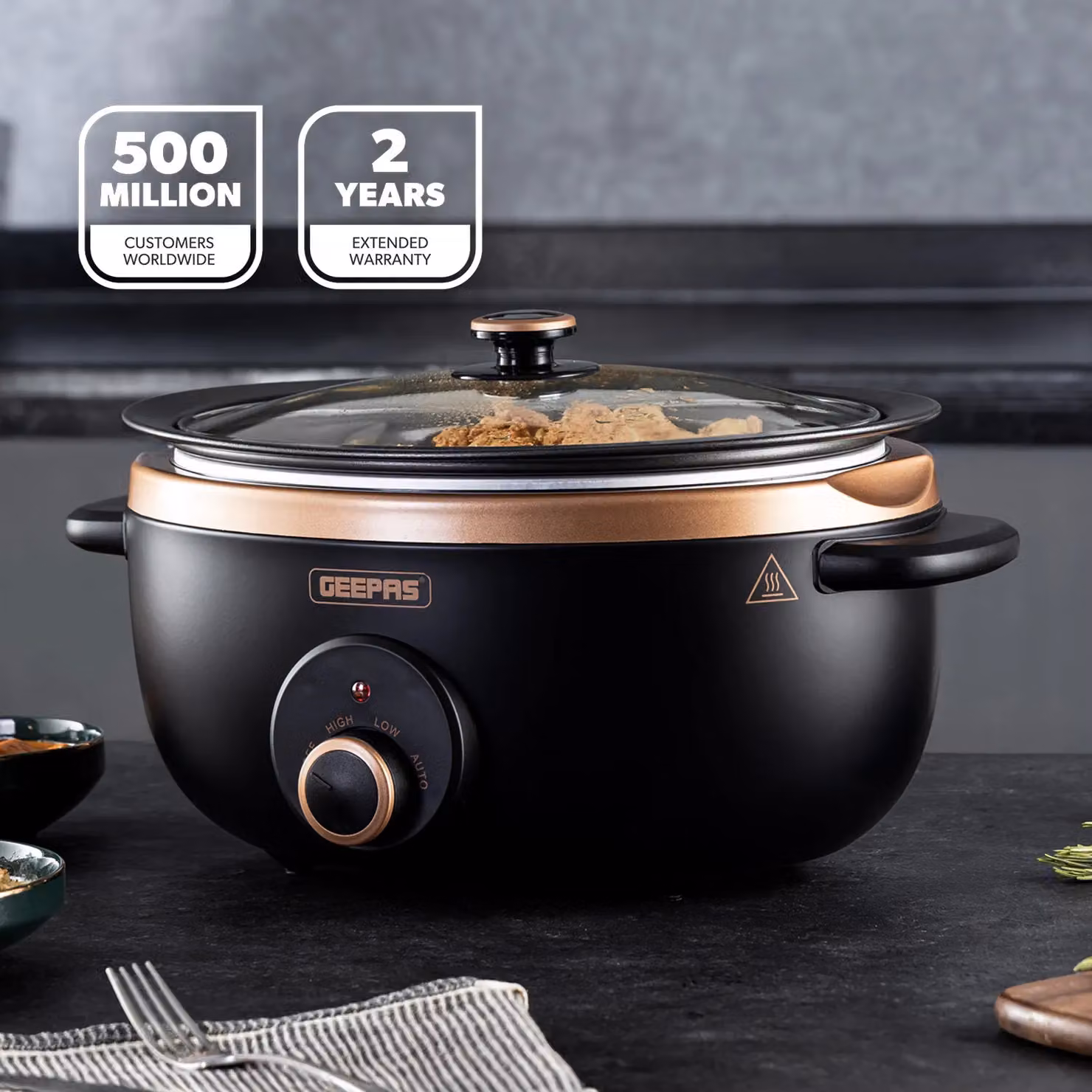 Geepas 3.5L Slow Cooker with Tempered Glass Lid and Keep Warm Function in Black and Gold – 2