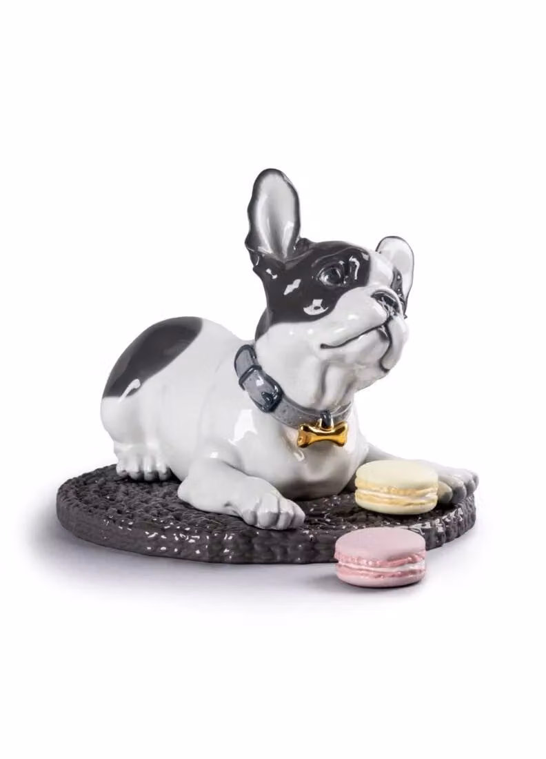 Lladró French Bulldog with Macarons Porcelain Dog Figurine in Black, Gold and White