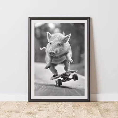 60 Second Makeover Pig Skateboarding Illustration Paper Poster, A3, Multicolour